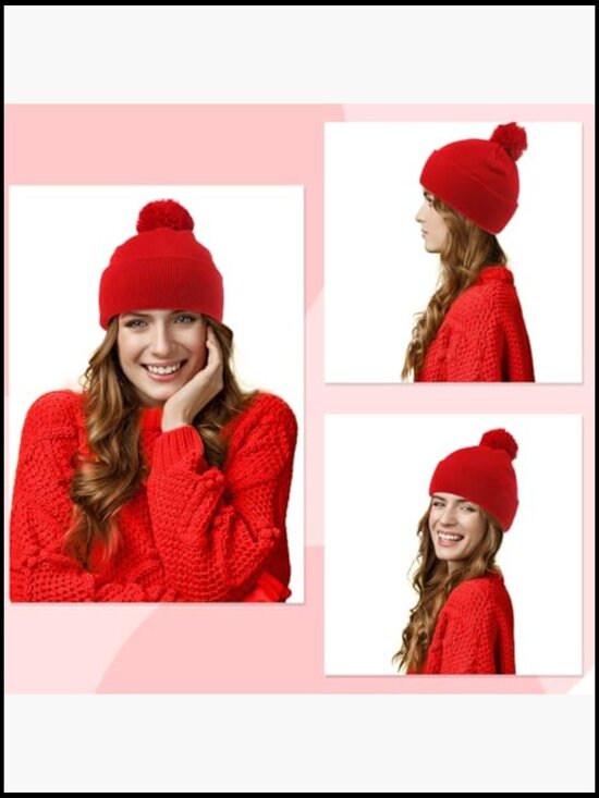 6 Pack Winter Knitted Beanies with Faux Fur Pom - Soft Acrylic Stretch Fit for main image 4